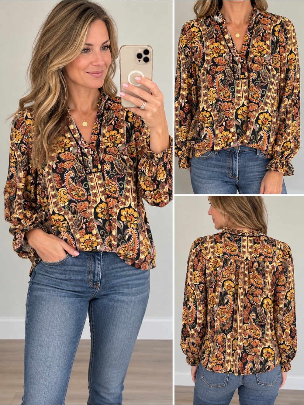 entro Paisley Floral Peasant Blouse - Black, Mustard & Rust